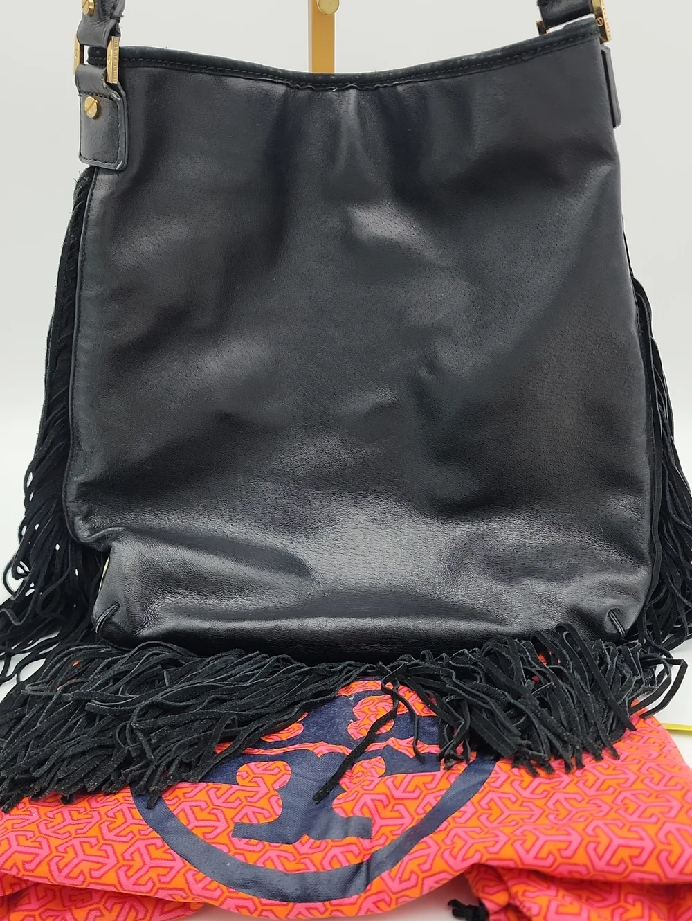 Tory Burch Black Fringe Leather Shoulder Bag With Cover Bag